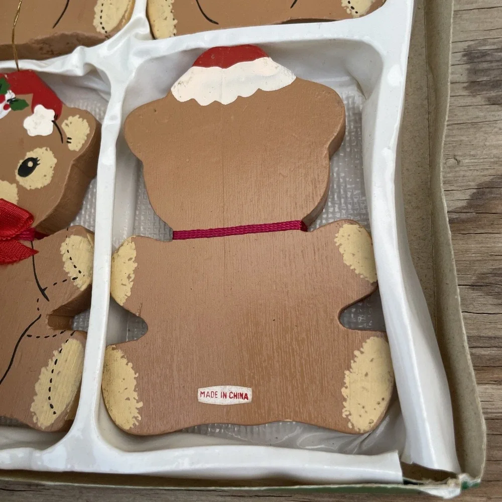 Vintage Wooden Teddy Bear Christmas Ornaments Lot Of 4 3.5